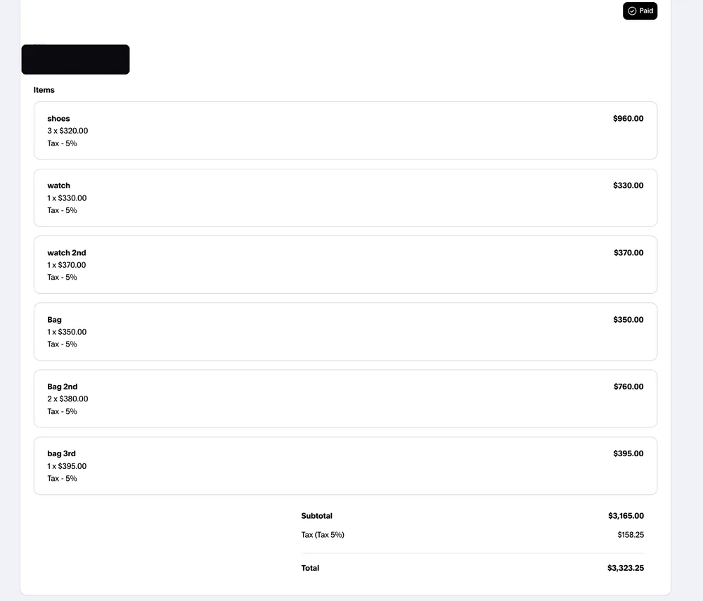 Paid invoice from an Instagram dropshipping client, total $3,323.25, client email hidden for privacy