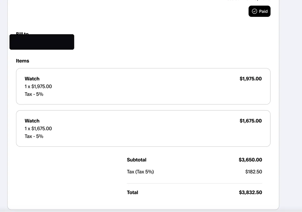 Paid invoice from an Instagram dropshipping client, total $3,832.50, client email hidden for privacy