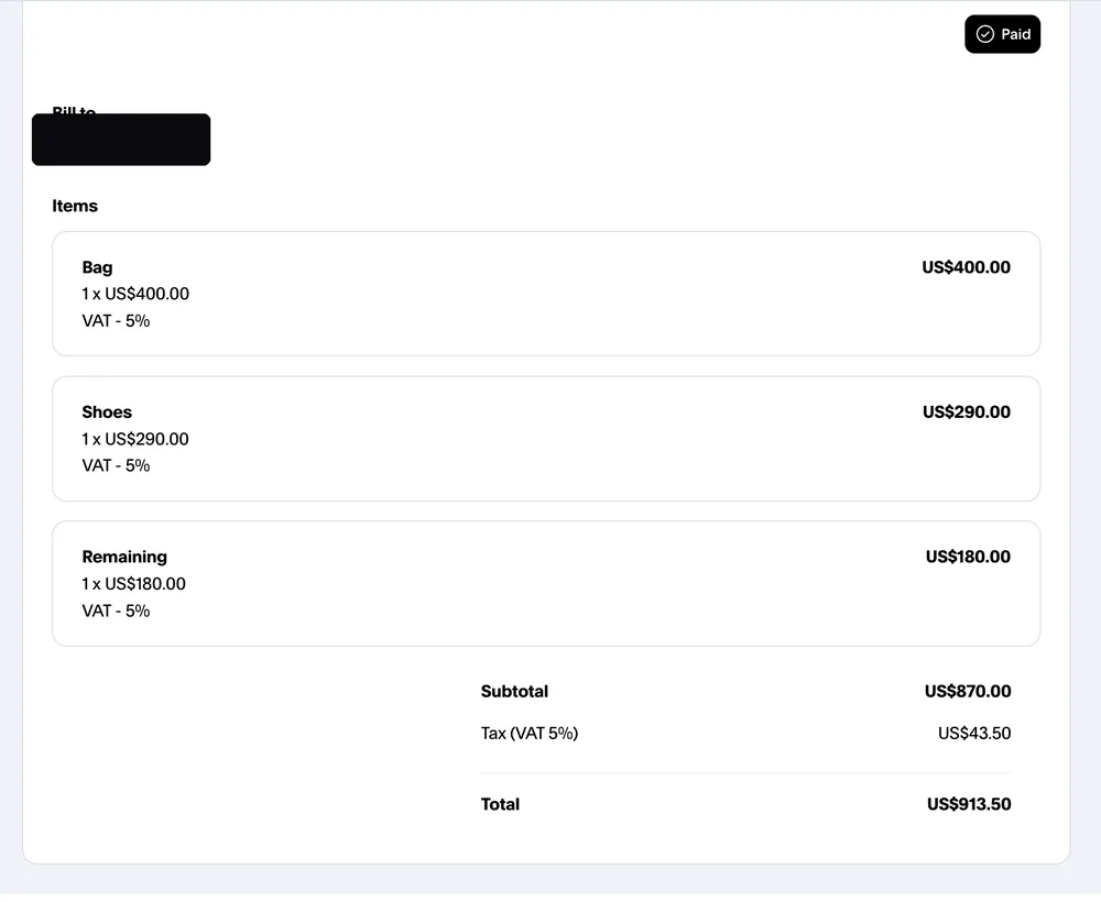 Paid invoice from an Instagram dropshipping client, total $913.50, client email hidden for privacy
