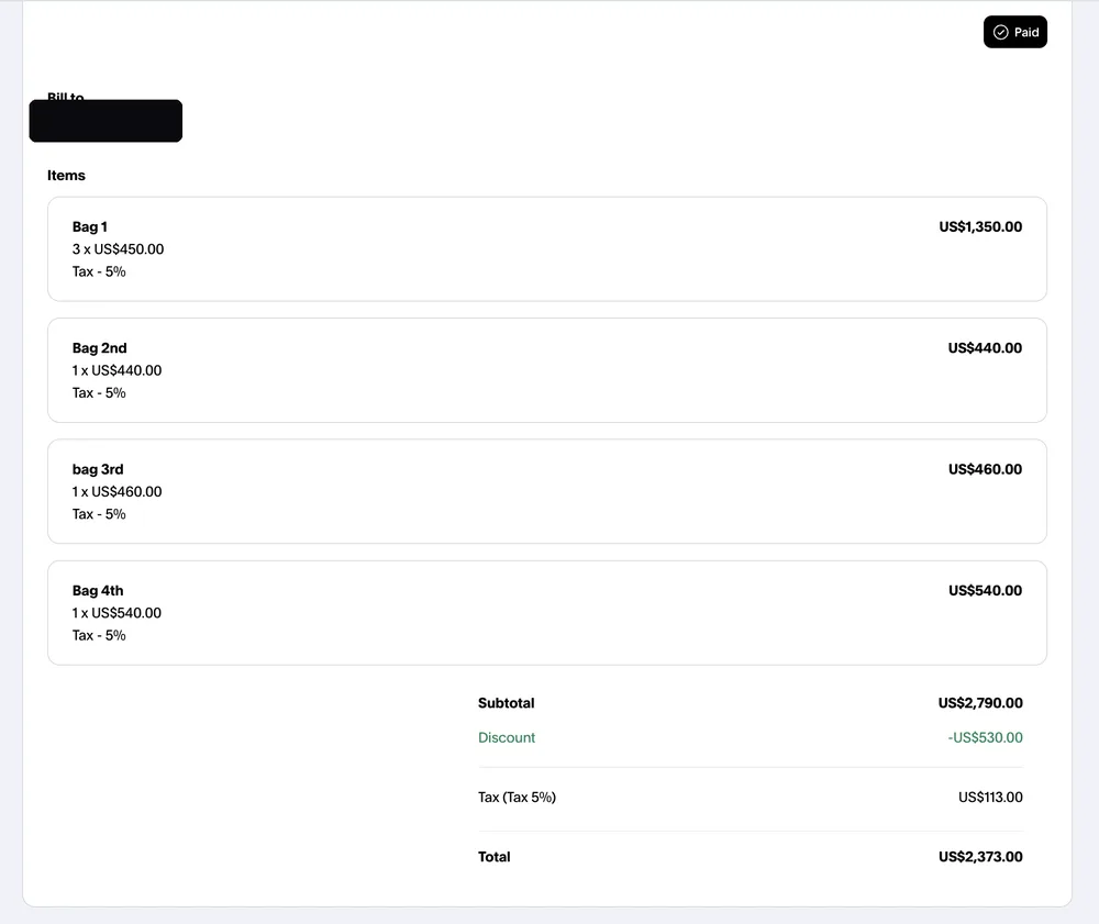 Paid invoice from an Instagram dropshipping client, total $2,373.00, client email hidden for privacy