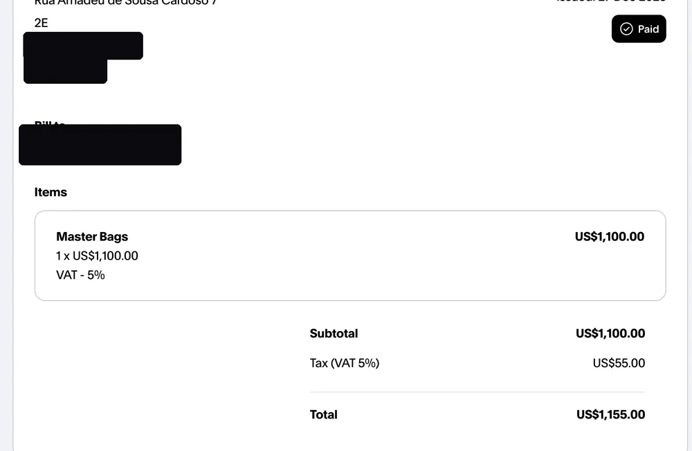 Paid invoice from an Instagram dropshipping client, total $1,155.00, client email hidden for privacy