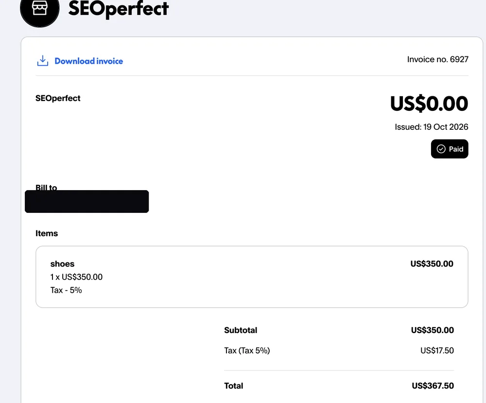 Paid invoice from an Instagram dropshipping client, total $367.50, client email hidden for privacy