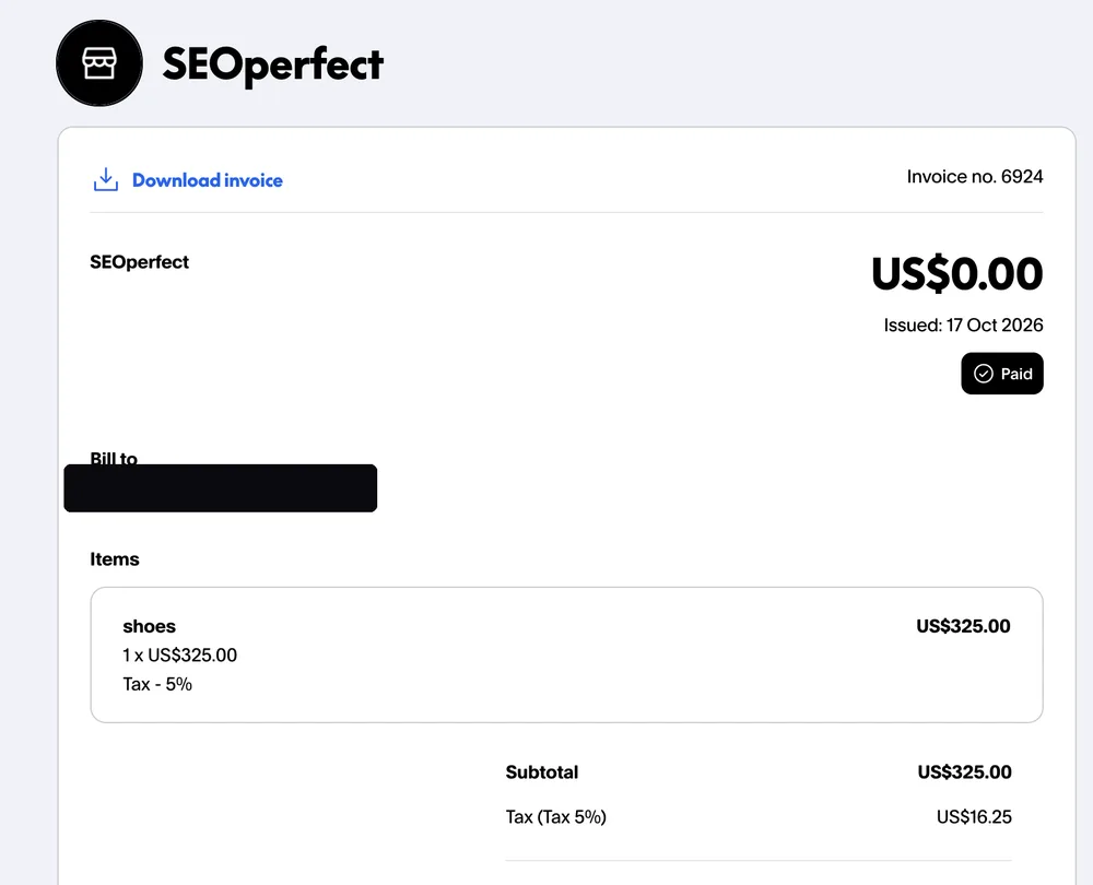 Paid invoice from an Instagram dropshipping client, client email hidden for privacy