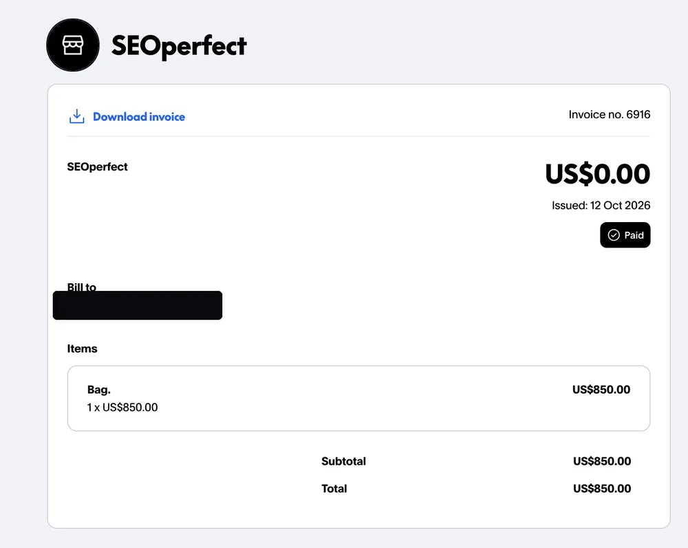 Paid invoice from an Instagram dropshipping client, total $850.00, client email hidden for privacy