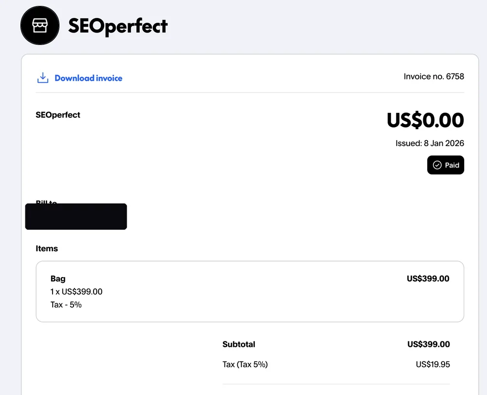 Paid invoice from an Instagram dropshipping client, client email hidden for privacy