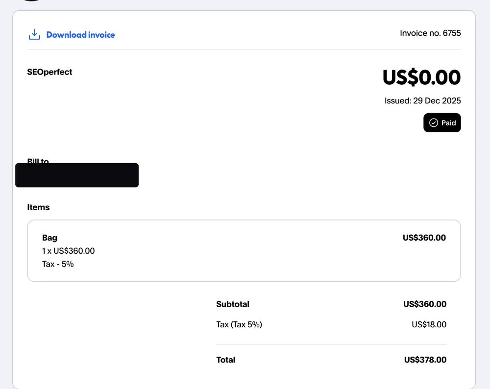 Paid invoice from an Instagram dropshipping client, total $378.00, client email hidden for privacy