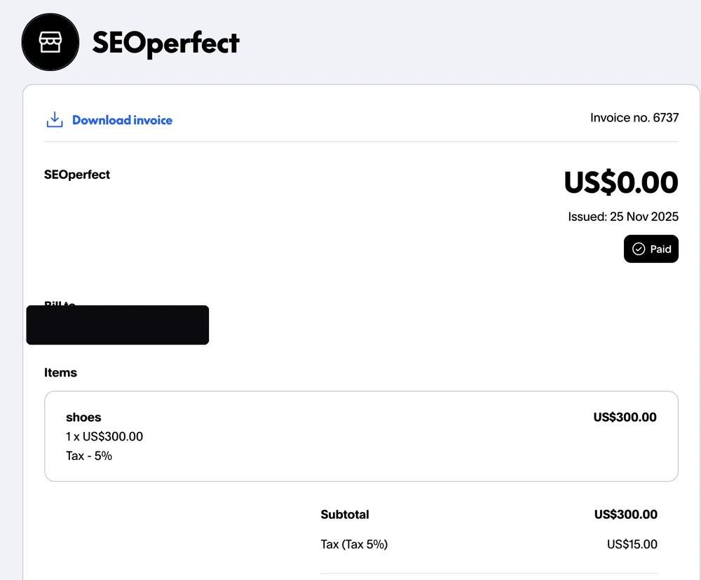 Paid invoice from an Instagram dropshipping client, client email hidden for privacy