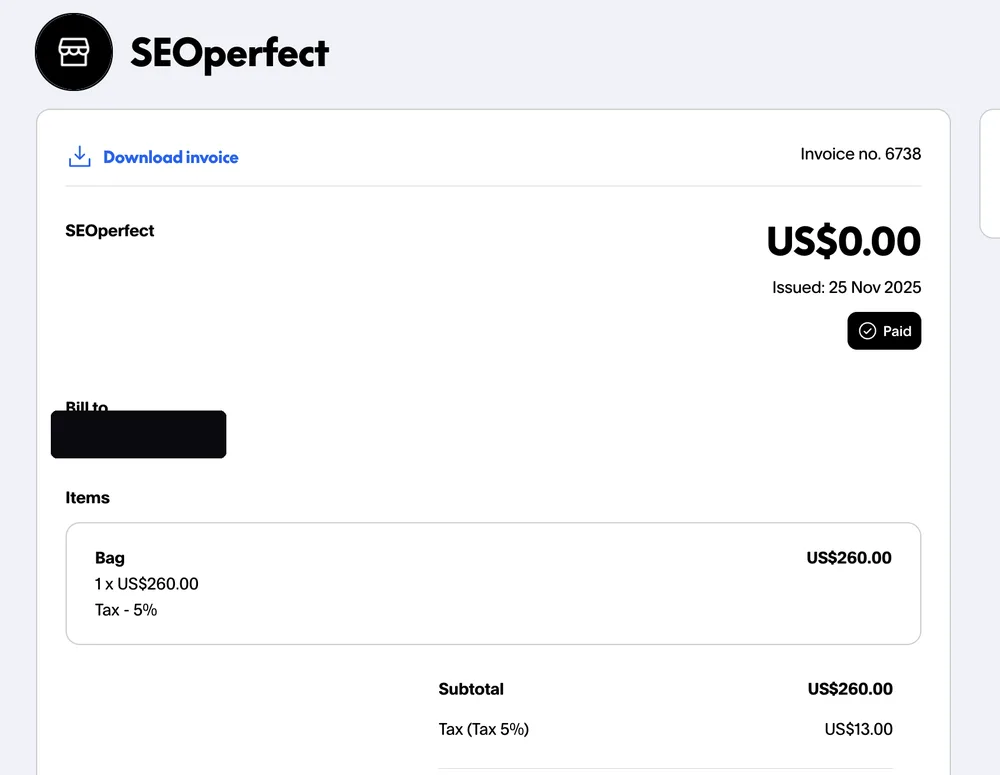 Paid invoice from an Instagram dropshipping client, client email hidden for privacy