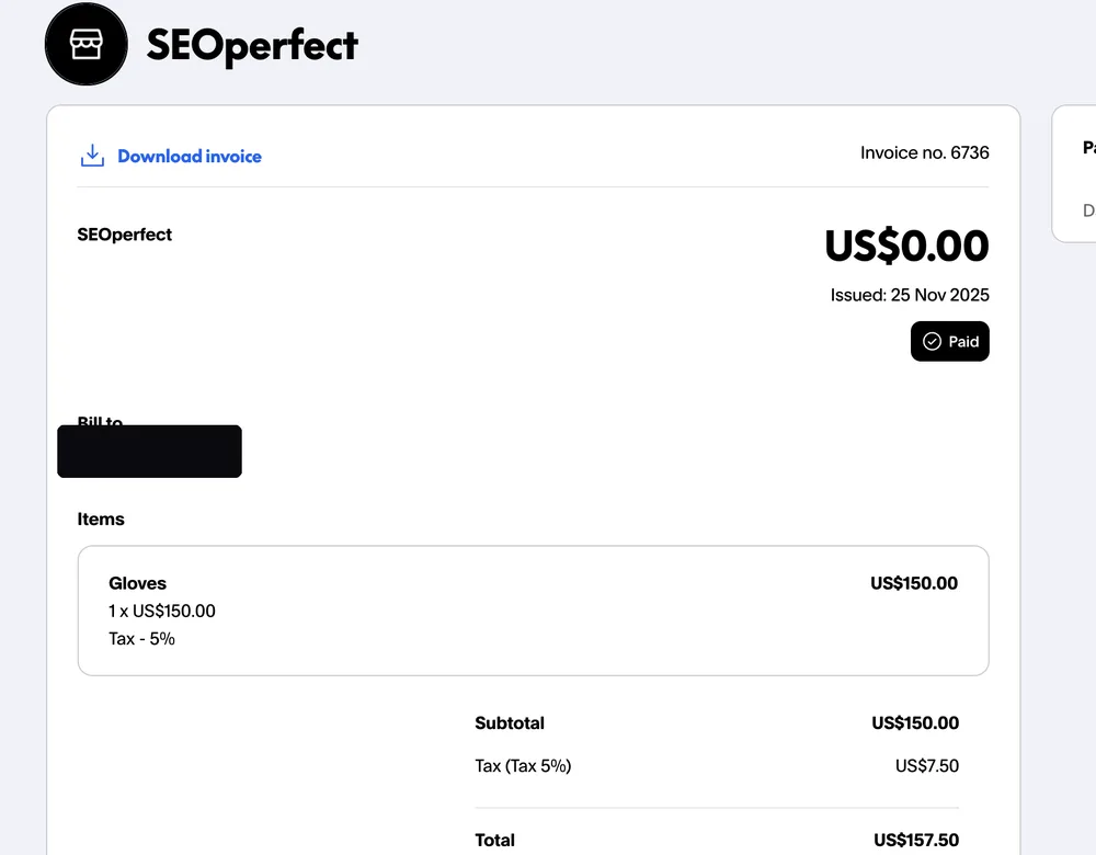 Paid invoice from an Instagram dropshipping client, total $157.50, client email hidden for privacy