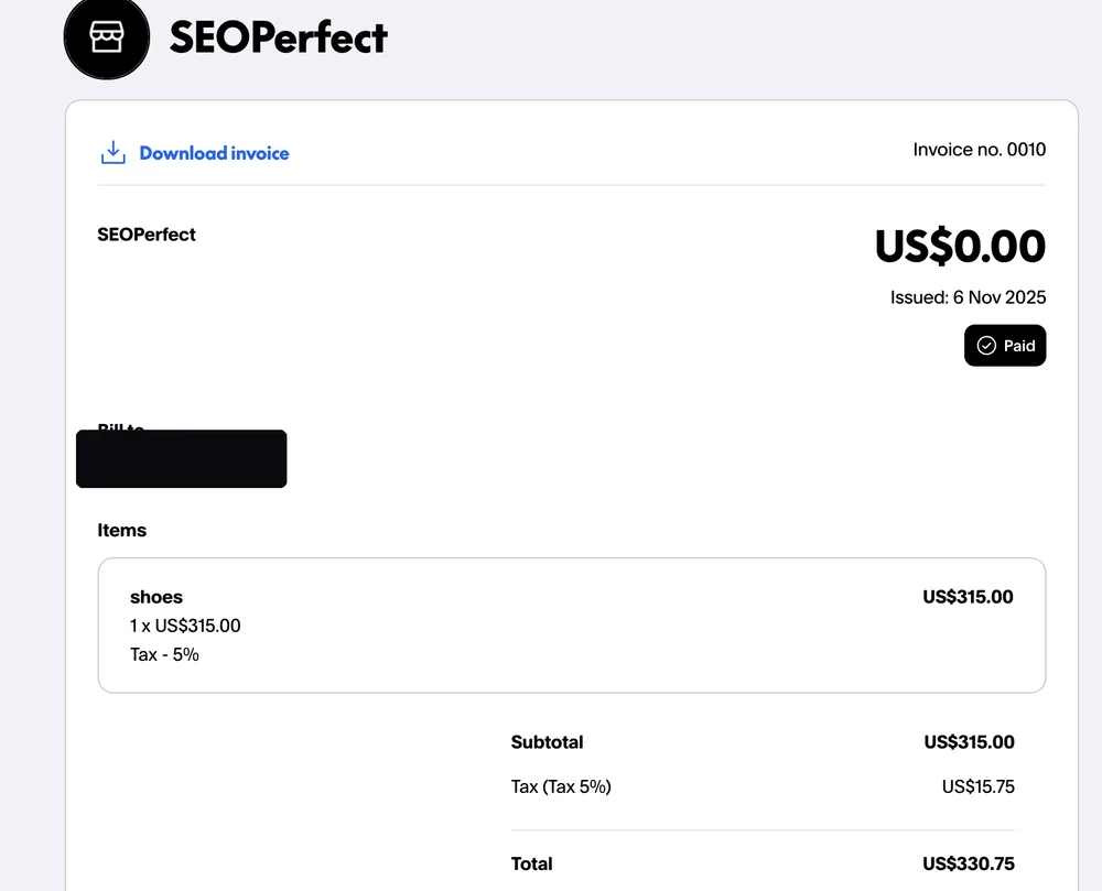 Paid invoice from an Instagram dropshipping client, total $330.75, client email hidden for privacy