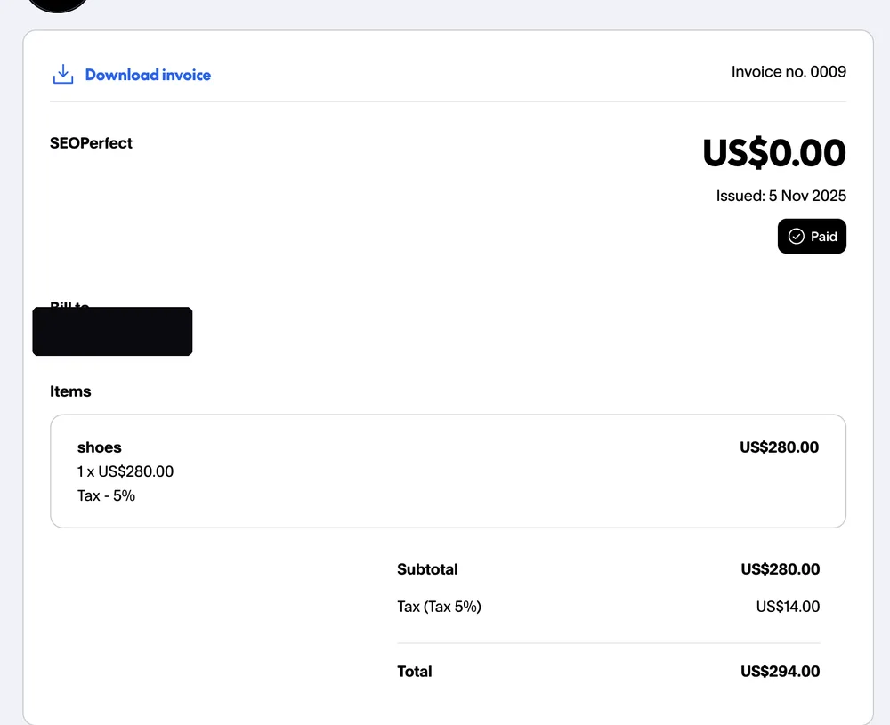 Paid invoice from an Instagram dropshipping client, total $294.00, client email hidden for privacy