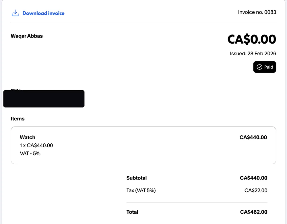Paid invoice from an Instagram dropshipping client, total CA$462.00, client email hidden for privacy