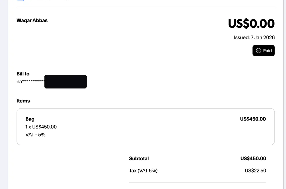 Paid invoice from an Instagram dropshipping client, total $450.00, client email hidden for privacy