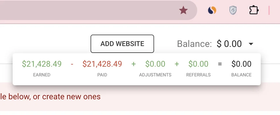Earnings dashboard showing $21,428.49 earned from Pinterest blogging websites, fully paid out